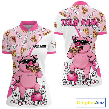 Custom Pig Pizza Graphic Bowling Polo 1/4-Zip Shirt For Women Funny Bowling League Team Uniform NYN4323
