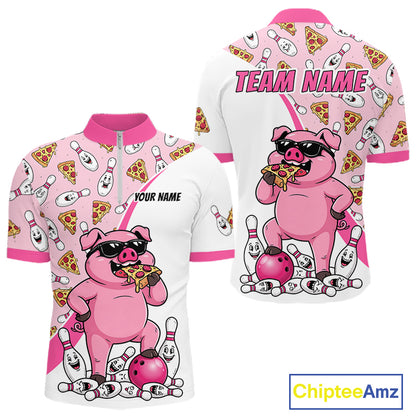 Custom Pig Pizza Graphic Bowling Polo 1/4-Zip Shirt For Men Funny Bowling League Team Uniform NYN4323