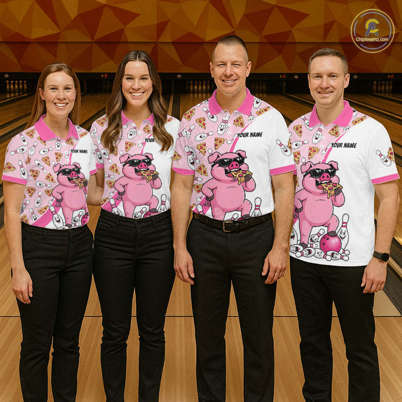 Custom Pig Pizza Graphic Bowling Polo 1/4-Zip Shirt For Women Funny Bowling League Team Uniform NYN4323