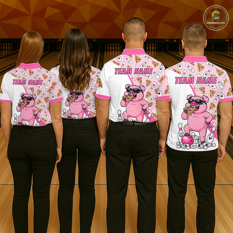 Custom Pig Pizza Graphic Bowling Polo 1/4-Zip Shirt For Women Funny Bowling League Team Uniform NYN4323