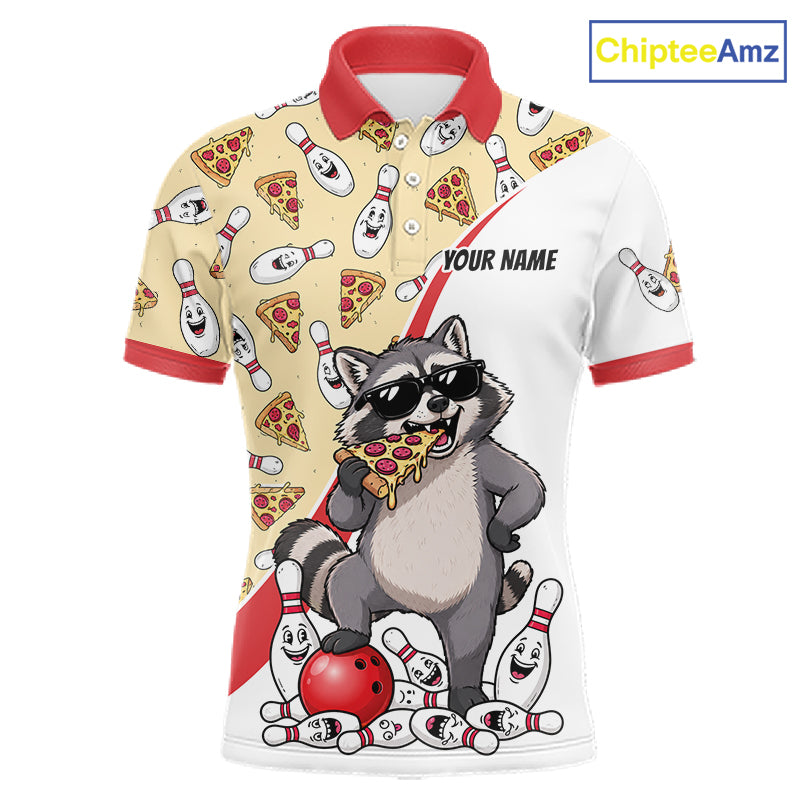 Custom Raccoon Pizza Graphic Bowling Polo 1/4-Zip Shirt For Men Funny Bowling League Team Uniform NYN4324