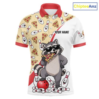 Custom Raccoon Pizza Graphic Bowling Polo 1/4-Zip Shirt For Men Funny Bowling League Team Uniform NYN4324