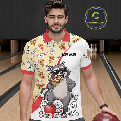Custom Raccoon Pizza Graphic Bowling Polo 1/4-Zip Shirt For Men Funny Bowling League Team Uniform NYN4324