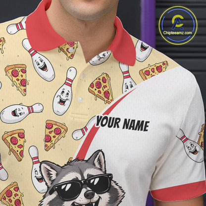 Custom Raccoon Pizza Graphic Bowling Polo 1/4-Zip Shirt For Men Funny Bowling League Team Uniform NYN4324