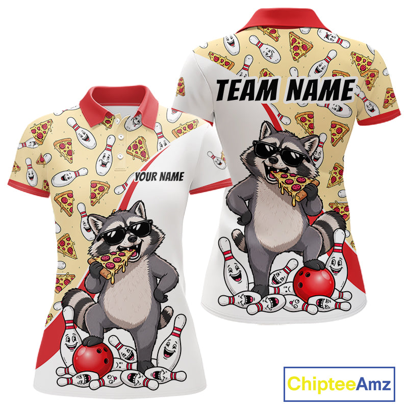 Custom Raccoon Pizza Graphic Bowling Polo 1/4-Zip Shirt For Women Funny Bowling League Team Uniform NYN4324