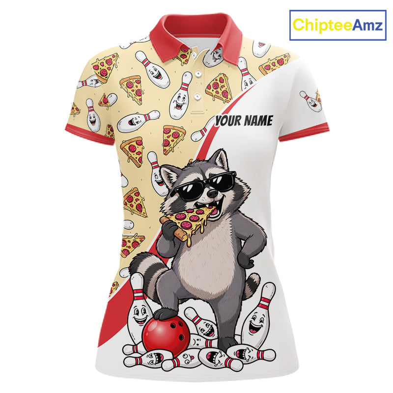 Custom Raccoon Pizza Graphic Bowling Polo 1/4-Zip Shirt For Women Funny Bowling League Team Uniform NYN4324