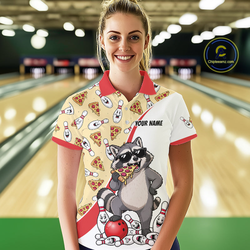 Custom Raccoon Pizza Graphic Bowling Polo 1/4-Zip Shirt For Women Funny Bowling League Team Uniform NYN4324