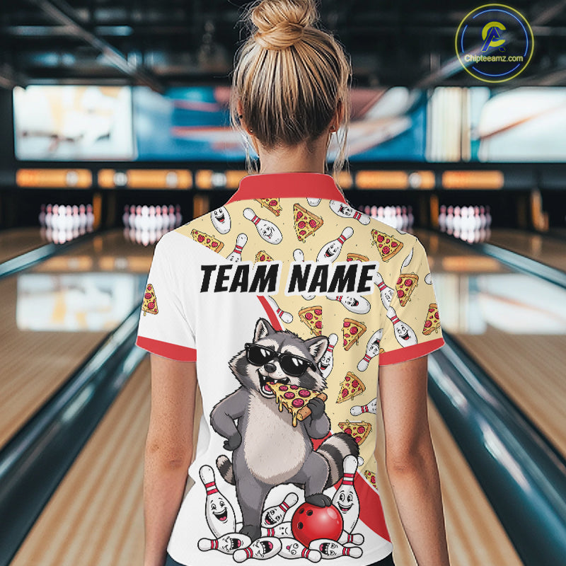 Custom Raccoon Pizza Graphic Bowling Polo 1/4-Zip Shirt For Women Funny Bowling League Team Uniform NYN4324