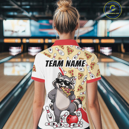 Custom Raccoon Pizza Graphic Bowling Polo 1/4-Zip Shirt For Women Funny Bowling League Team Uniform NYN4324