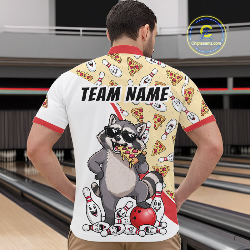 Custom Raccoon Pizza Graphic Bowling Polo 1/4-Zip Shirt For Men Funny Bowling League Team Uniform NYN4324