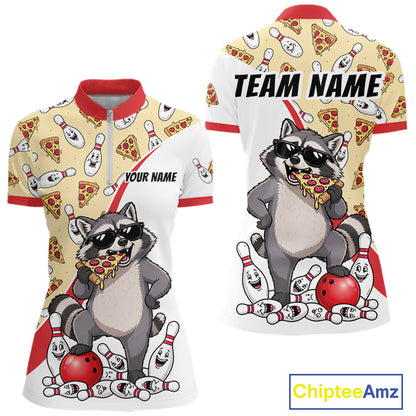 Custom Raccoon Pizza Graphic Bowling Polo 1/4-Zip Shirt For Women Funny Bowling League Team Uniform NYN4324