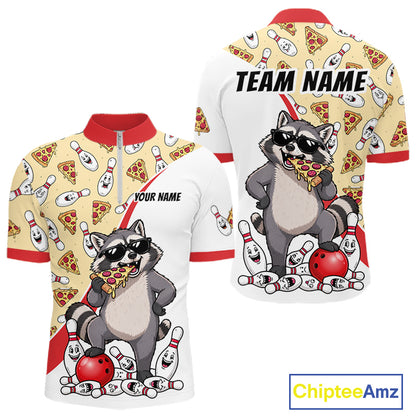 Custom Raccoon Pizza Graphic Bowling Polo 1/4-Zip Shirt For Men Funny Bowling League Team Uniform NYN4324