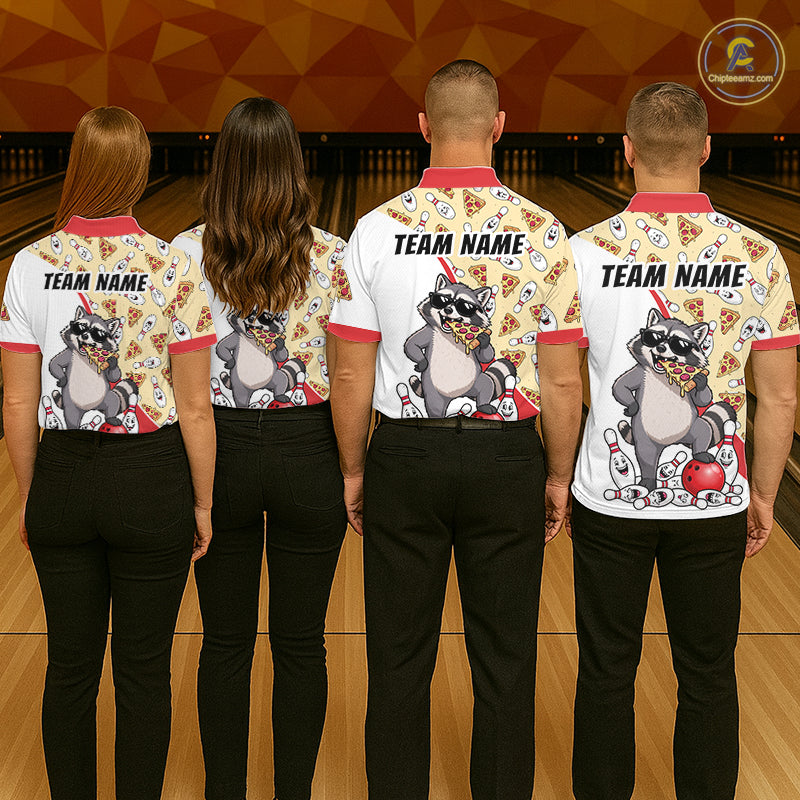 Custom Raccoon Pizza Graphic Bowling Polo 1/4-Zip Shirt For Men Funny Bowling League Team Uniform NYN4324