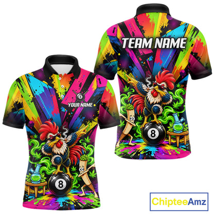 Custom Smoking Rooster 8 Ball Men Billiard Polo 1/4-Zip Shirt Splatter Funny Pool Billiard Apparel NYN5071
