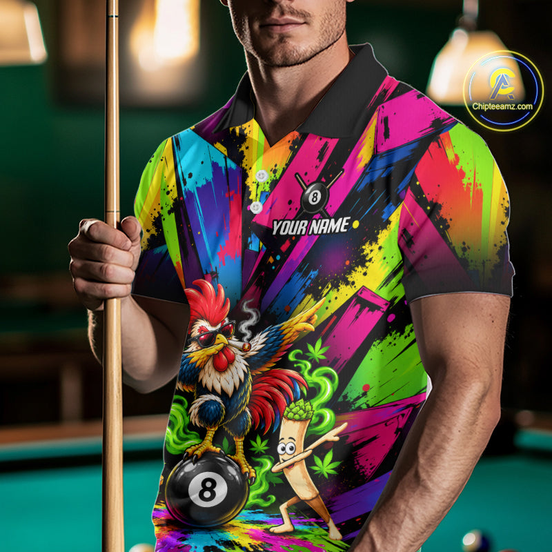 Custom Smoking Rooster 8 Ball Men Billiard Polo 1/4-Zip Shirt Splatter Funny Pool Billiard Apparel NYN5071