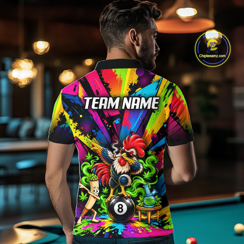 Custom Smoking Rooster 8 Ball Men Billiard Polo 1/4-Zip Shirt Splatter Funny Pool Billiard Apparel NYN5071