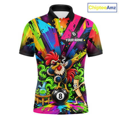 Custom Smoking Rooster 8 Ball Men Billiard Polo 1/4-Zip Shirt Splatter Funny Pool Billiard Apparel NYN5071