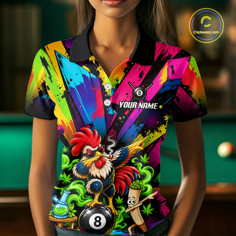 Custom Smoking Rooster 8 Ball Women Billiard Polo 1/4-Zip Shirt Splatter Funny Pool Billiard Apparel NYN5071