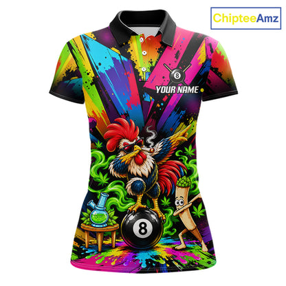 Custom Smoking Rooster 8 Ball Women Billiard Polo 1/4-Zip Shirt Splatter Funny Pool Billiard Apparel NYN5071