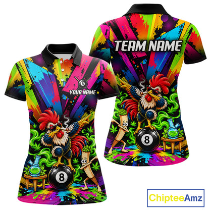 Custom Smoking Rooster 8 Ball Women Billiard Polo 1/4-Zip Shirt Splatter Funny Pool Billiard Apparel NYN5071