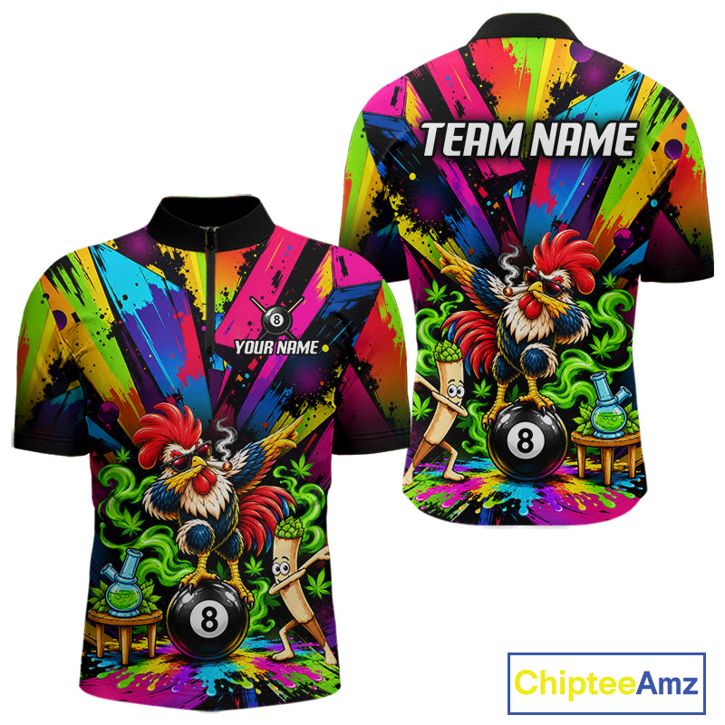 Custom Smoking Rooster 8 Ball Men Billiard Polo 1/4-Zip Shirt Splatter Funny Pool Billiard Apparel NYN5071