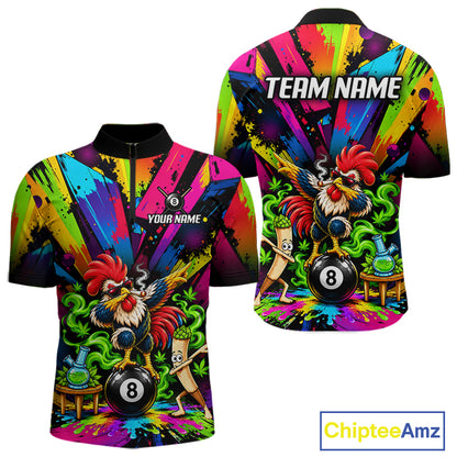 Custom Smoking Rooster 8 Ball Men Billiard Polo 1/4-Zip Shirt Splatter Funny Pool Billiard Apparel NYN5071