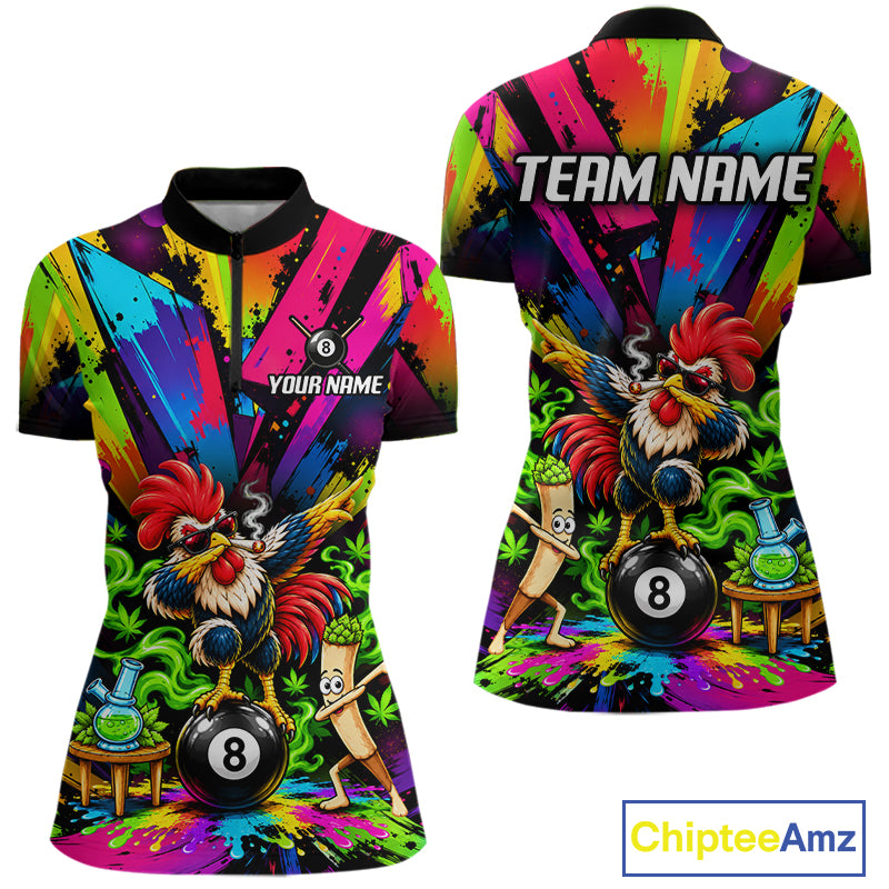 Custom Smoking Rooster 8 Ball Women Billiard Polo 1/4-Zip Shirt Splatter Funny Pool Billiard Apparel NYN5071