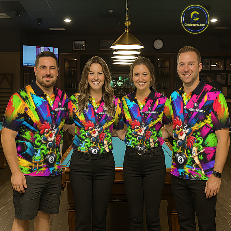 Custom Smoking Rooster 8 Ball Men Billiard Polo 1/4-Zip Shirt Splatter Funny Pool Billiard Apparel NYN5071