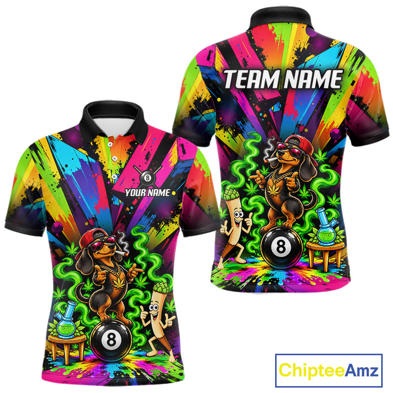 Custom Smoking Dachshund 8 Ball Men Billiard Polo 1/4-Zip Shirt Splatter Funny Pool Billiard Apparel NYN5072