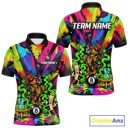 Custom Smoking Dachshund 8 Ball Men Billiard Polo 1/4-Zip Shirt Splatter Funny Pool Billiard Apparel NYN5072