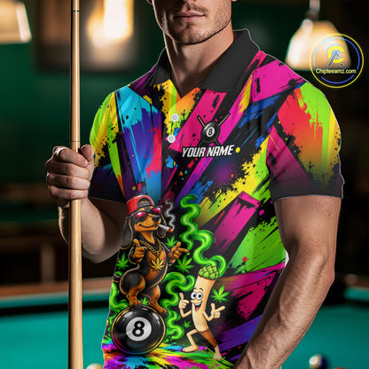 Custom Smoking Dachshund 8 Ball Men Billiard Polo 1/4-Zip Shirt Splatter Funny Pool Billiard Apparel NYN5072