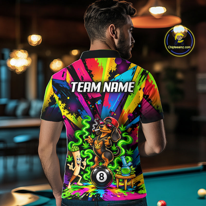 Custom Smoking Dachshund 8 Ball Men Billiard Polo 1/4-Zip Shirt Splatter Funny Pool Billiard Apparel NYN5072