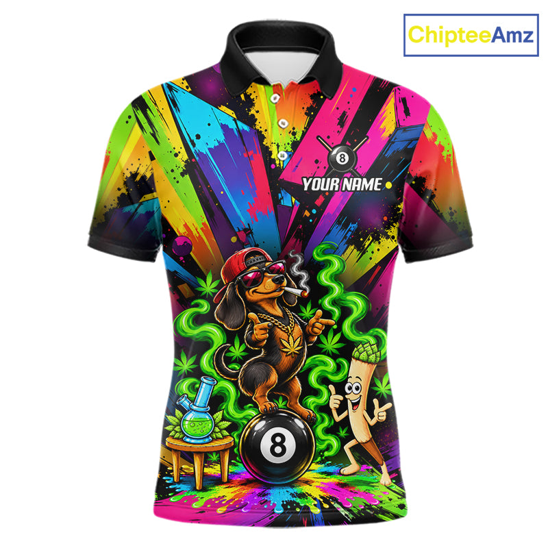 Custom Smoking Dachshund 8 Ball Men Billiard Polo 1/4-Zip Shirt Splatter Funny Pool Billiard Apparel NYN5072