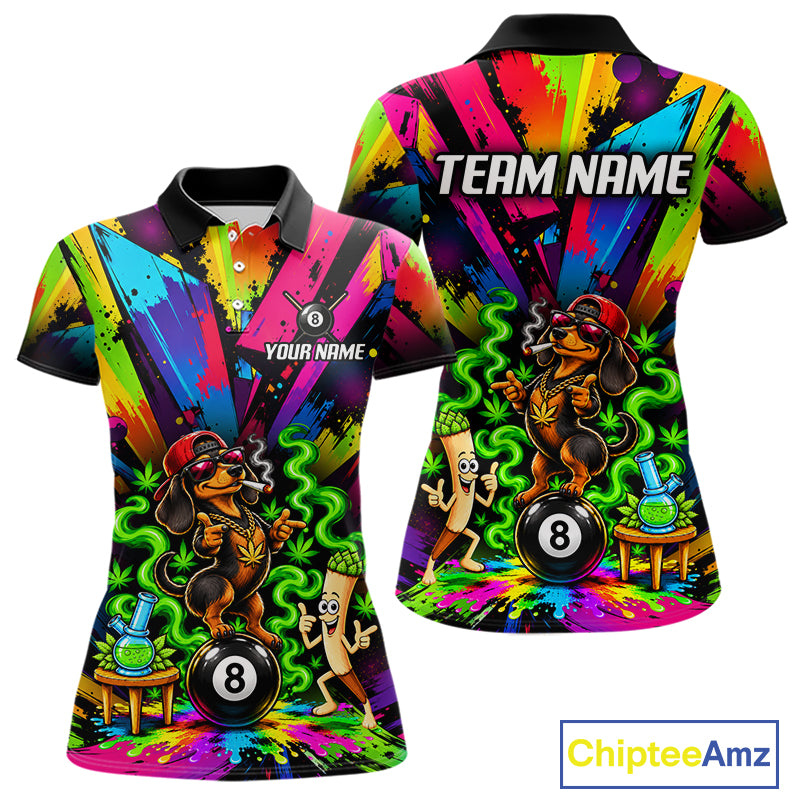 Custom Smoking Dachshund 8 Ball Women Billiard Polo 1/4-Zip Shirt Splatter Funny Pool Billiard Apparel NYN5072