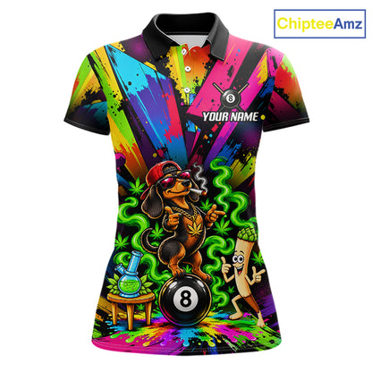 Custom Smoking Dachshund 8 Ball Women Billiard Polo 1/4-Zip Shirt Splatter Funny Pool Billiard Apparel NYN5072