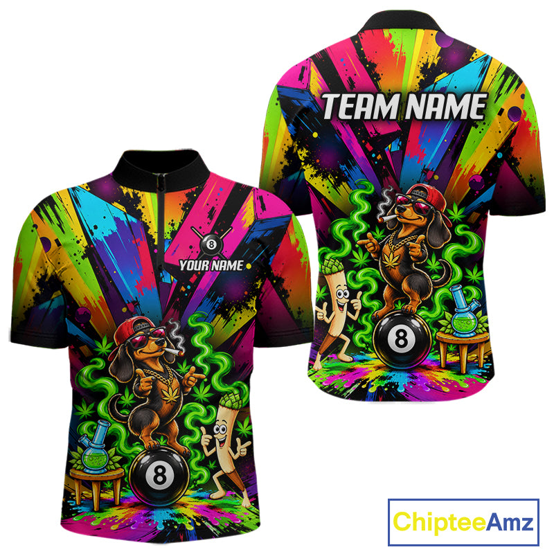 Custom Smoking Dachshund 8 Ball Men Billiard Polo 1/4-Zip Shirt Splatter Funny Pool Billiard Apparel NYN5072