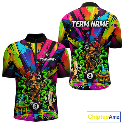 Custom Smoking Dachshund 8 Ball Men Billiard Polo 1/4-Zip Shirt Splatter Funny Pool Billiard Apparel NYN5072