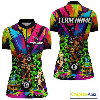 Custom Smoking Dachshund 8 Ball Women Billiard Polo 1/4-Zip Shirt Splatter Funny Pool Billiard Apparel NYN5072