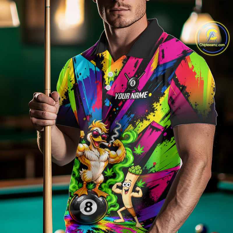Custom Smoking Duck 8 Ball Men Billiard Polo 1/4-Zip Shirt Splatter Funny Pool Billiard Apparel NYN5073