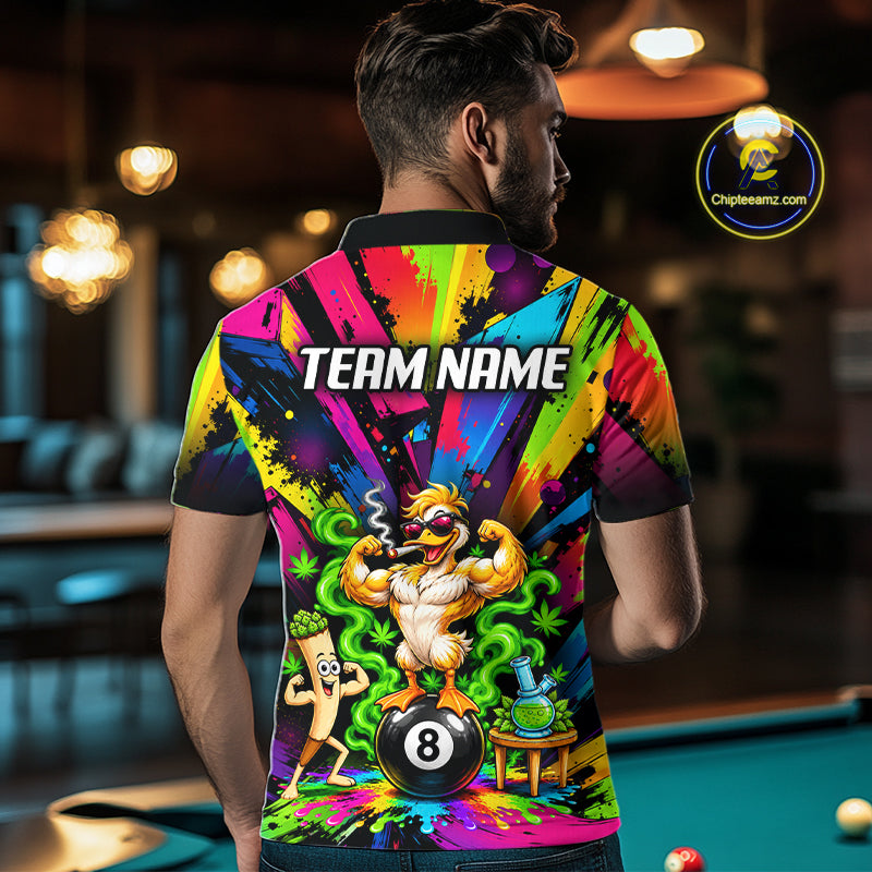 Custom Smoking Duck 8 Ball Men Billiard Polo 1/4-Zip Shirt Splatter Funny Pool Billiard Apparel NYN5073