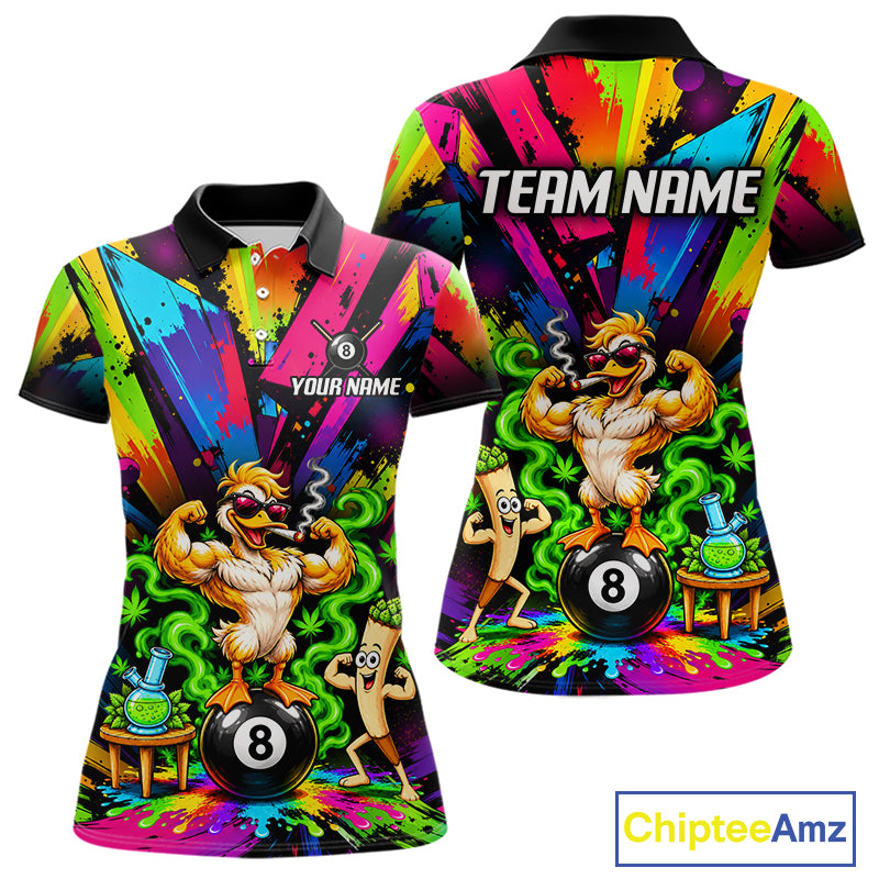 Custom Smoking Duck 8 Ball Women Billiard Polo 1/4-Zip Shirt Splatter Funny Pool Billiard Apparel NYN5073