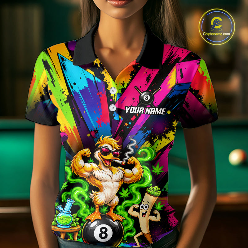 Custom Smoking Duck 8 Ball Women Billiard Polo 1/4-Zip Shirt Splatter Funny Pool Billiard Apparel NYN5073