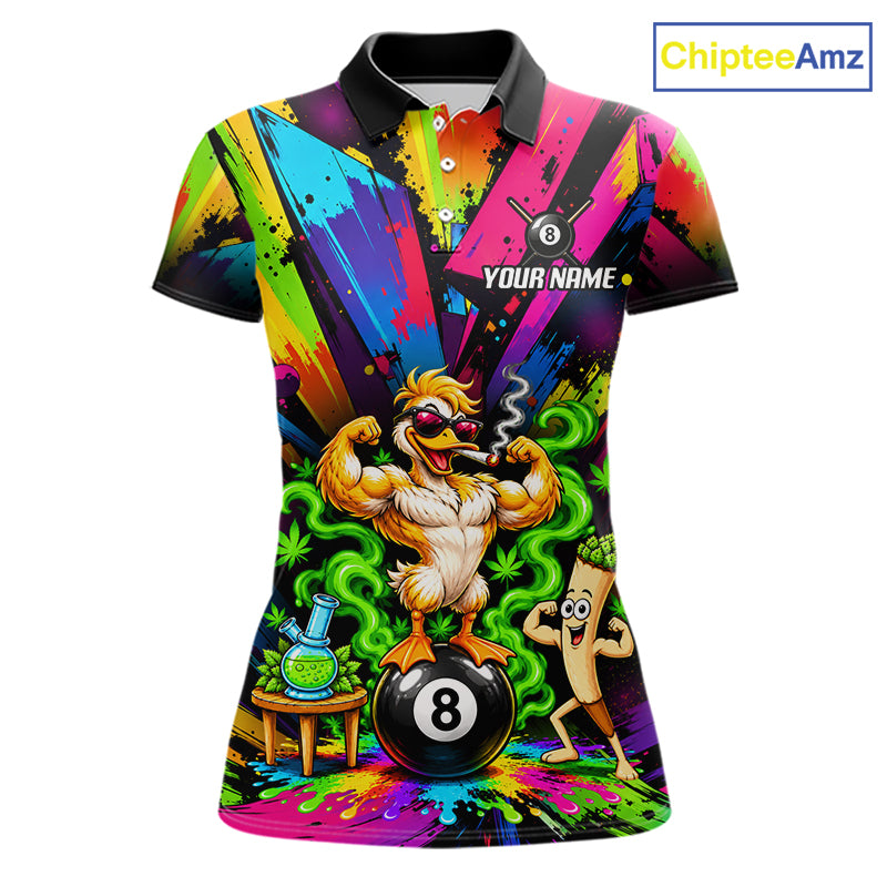 Custom Smoking Duck 8 Ball Women Billiard Polo 1/4-Zip Shirt Splatter Funny Pool Billiard Apparel NYN5073