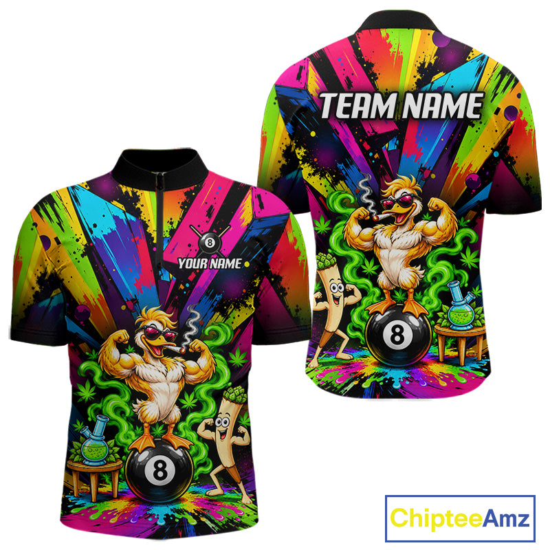Custom Smoking Duck 8 Ball Men Billiard Polo 1/4-Zip Shirt Splatter Funny Pool Billiard Apparel NYN5073
