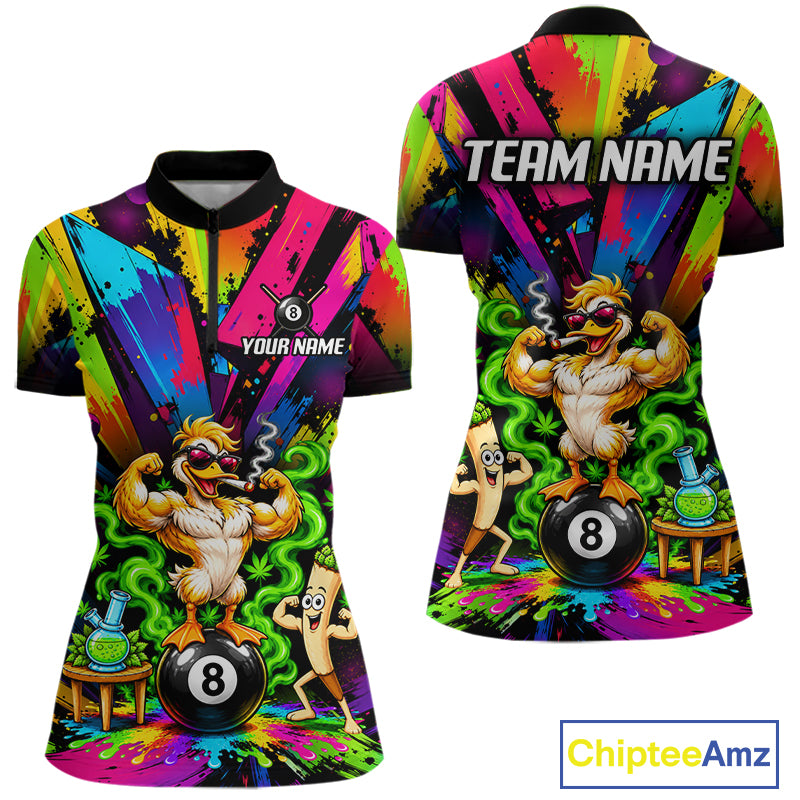 Custom Smoking Duck 8 Ball Women Billiard Polo 1/4-Zip Shirt Splatter Funny Pool Billiard Apparel NYN5073