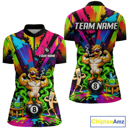 Custom Smoking Duck 8 Ball Women Billiard Polo 1/4-Zip Shirt Splatter Funny Pool Billiard Apparel NYN5073