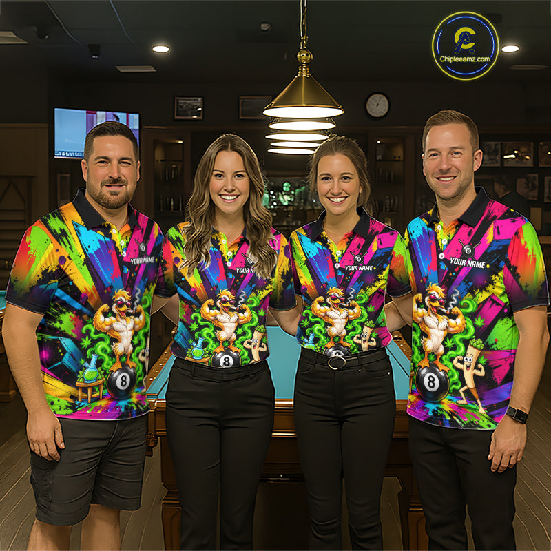 Custom Smoking Duck 8 Ball Men Billiard Polo 1/4-Zip Shirt Splatter Funny Pool Billiard Apparel NYN5073