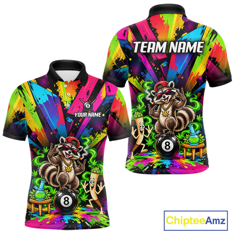 Custom Smoking Raccoon 8 Ball Men Billiard Polo 1/4-Zip Shirt Splatter Funny Pool Billiard Apparel NYN5074