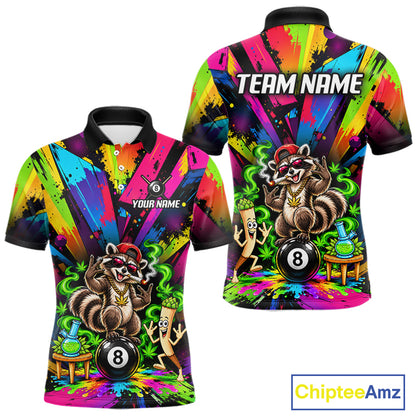 Custom Smoking Raccoon 8 Ball Men Billiard Polo 1/4-Zip Shirt Splatter Funny Pool Billiard Apparel NYN5074