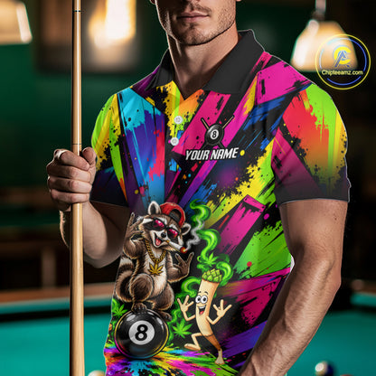 Custom Smoking Raccoon 8 Ball Men Billiard Polo 1/4-Zip Shirt Splatter Funny Pool Billiard Apparel NYN5074